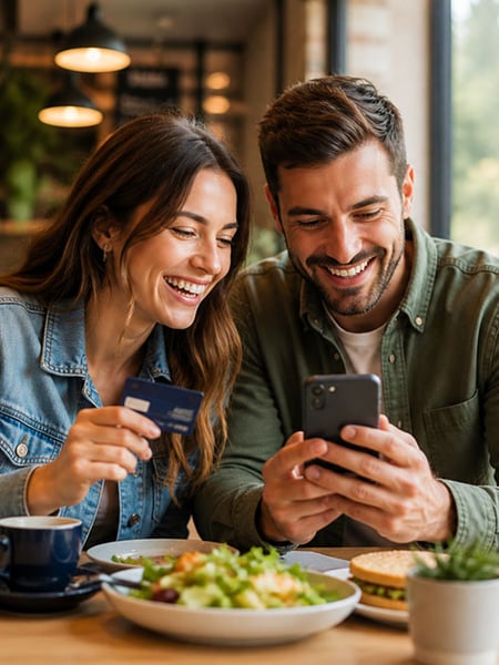 Couple checking account balance on mobile phone while dining at a café