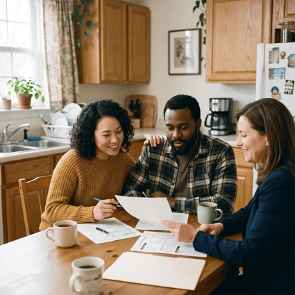 First-time homebuyer couple meeting with a mortgage advisor to review financing documents and discuss home loan options in a relaxed home setting
