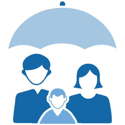 Blue icon of three people underneath an umbrella