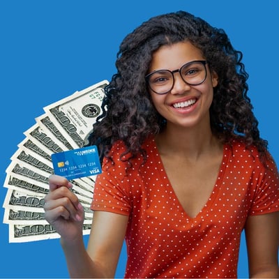 Woman_Weokie_Blue_Background-with-card-and-cash-behind-her-on-blue-background