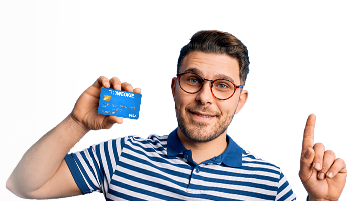 Young Man holding WEOKIE debit card with finger in air.psd-1