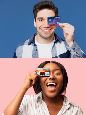 Young-woman-and-man-holding--Visa-Cards