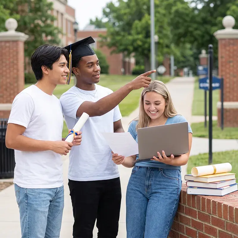 Three graduating students gathered outdoors on campus holding diplomas and reviewing college application materials on a laptop.