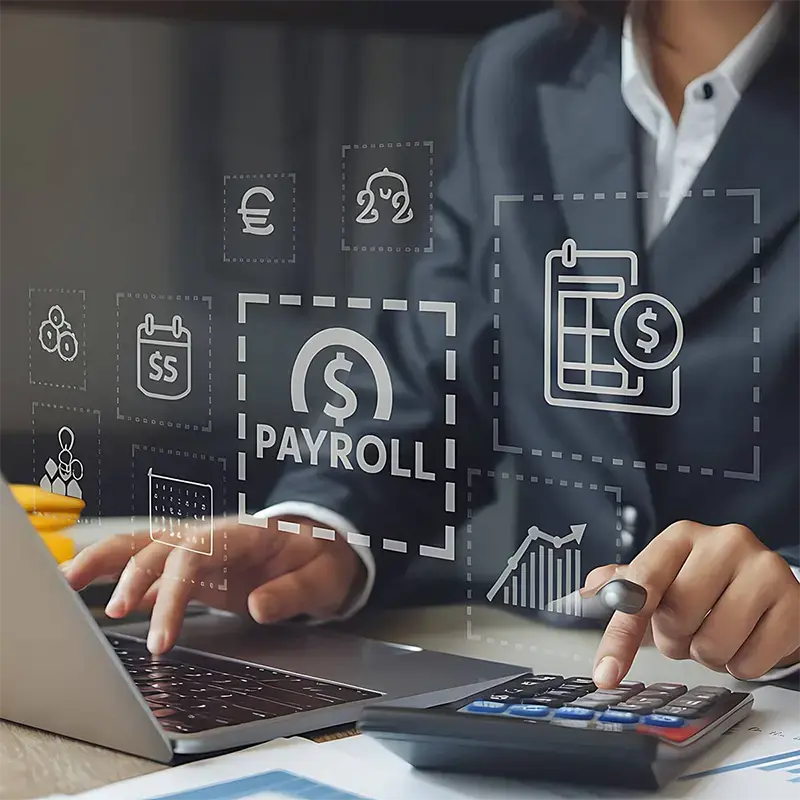 Professional working on a laptop and calculator with digital payroll icons for WEOKIE Direct Deposit.