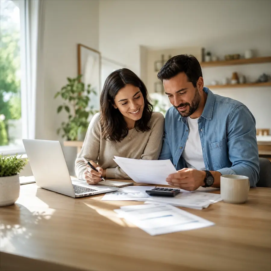 Couple reviewing financial documents together at a table with a laptop and calculator