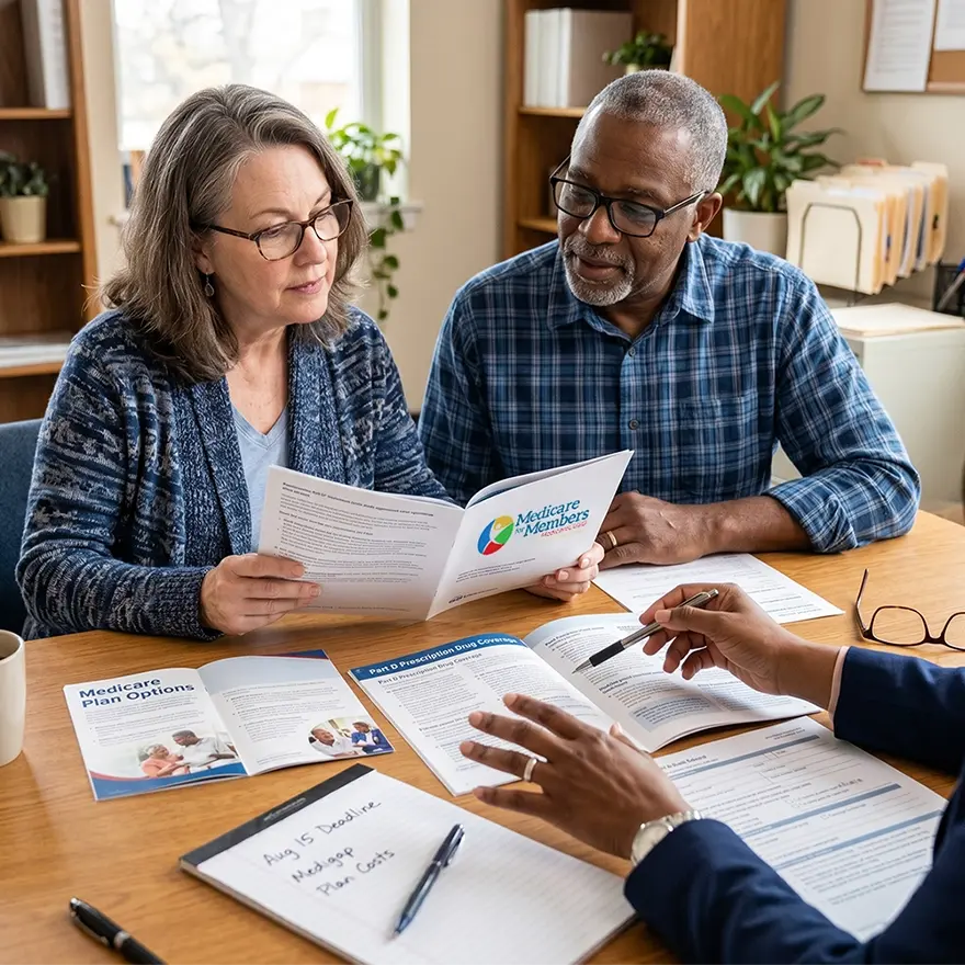 A couple reviews Medicare information with guidance from an advisor, representing MedicareCU services