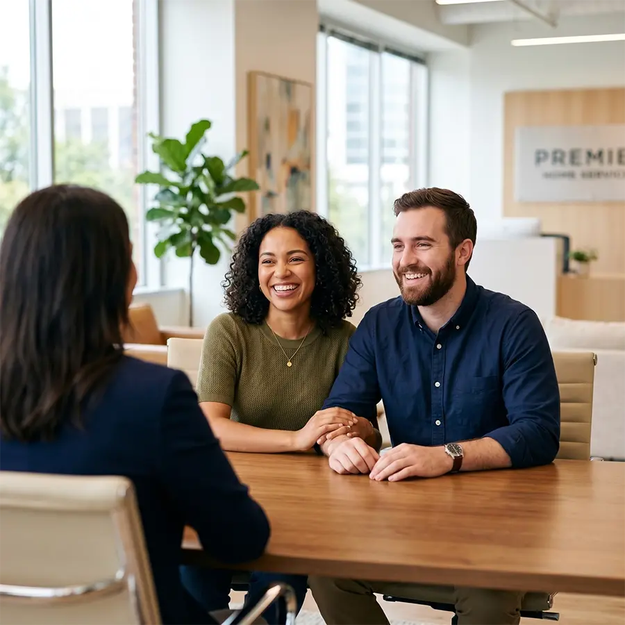 First-time homebuyer couple meeting with a real estate professional during a home financing consultation